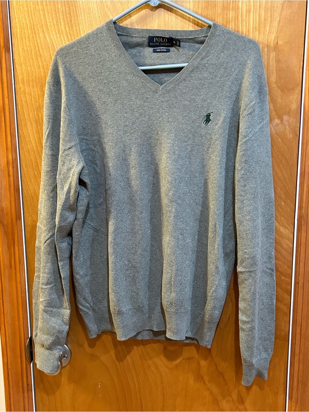 Polo Ralph Lauren Pima Cotton V Neck Sweater Heather Gray Green Pony Mens M